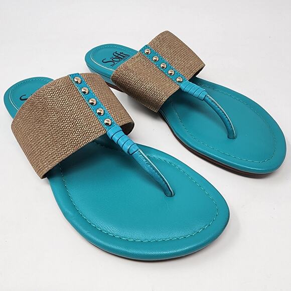 Sofft Sandals Women 7M Ameda Turquoise and Gold Thong Leather Textile Flat - Picture 1 of 9